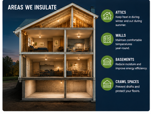 Areas we insulate in Gloucester County NJ — attics, walls, basements, crawl spaces